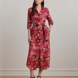 Ralph Lauren Rose-Print Pink Button-Front Shirt Dress